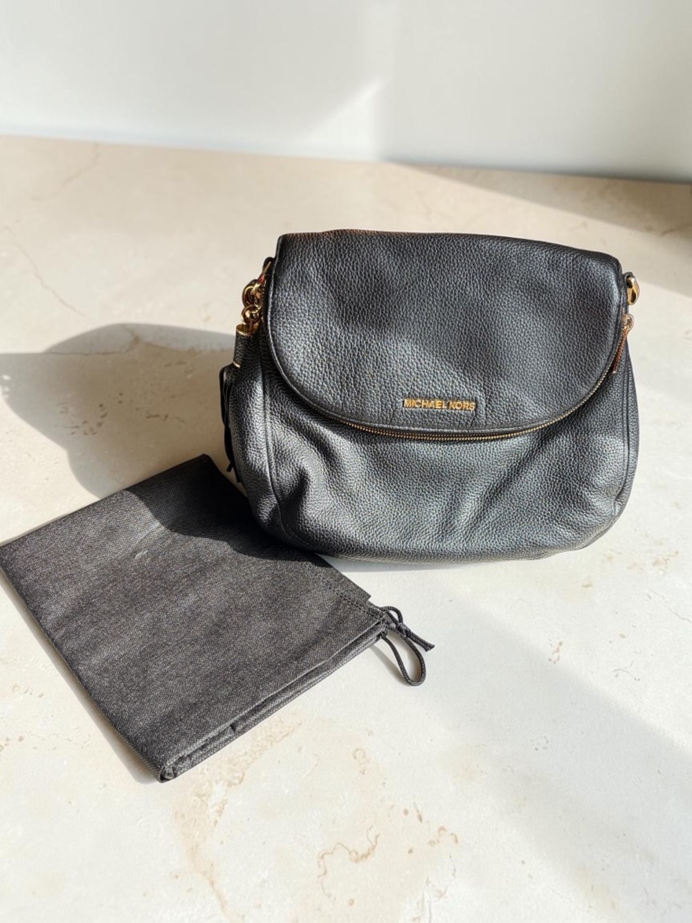 Michael Kors Black Pebbled Flap Shoulder Bag Tassel Gold Hardware Dust Bag